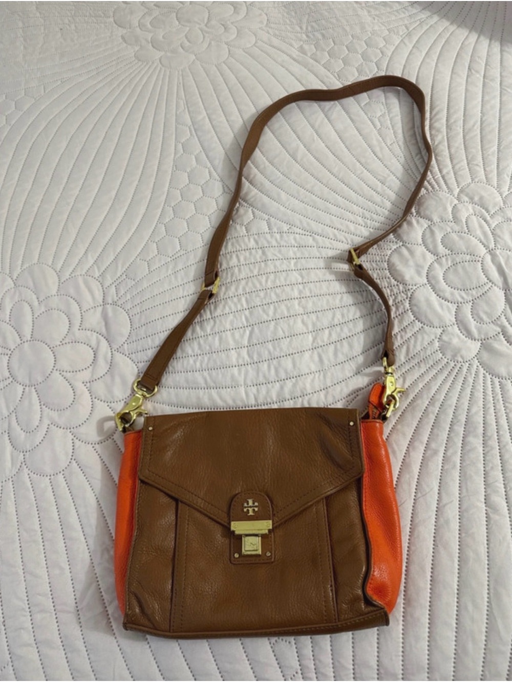 Vintage Tory Burch Brown Leather Crossbody with Orange Side Panels